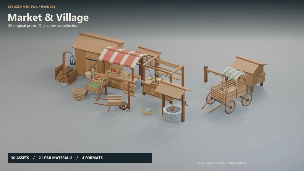 Mercado y aldea 3D asset collection render