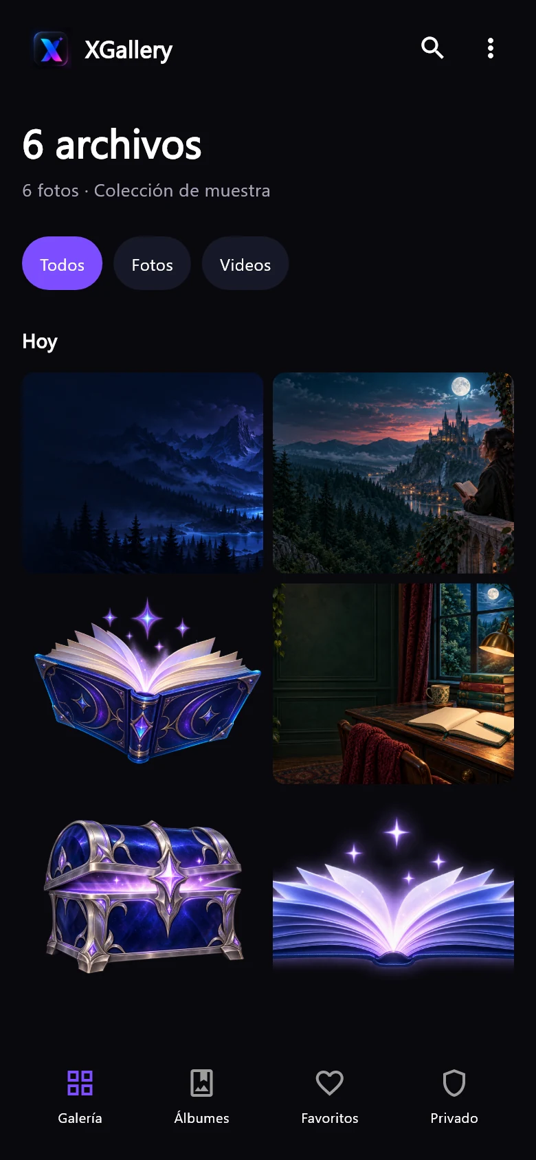 XGallery — Tu colección, en primer plano; Renders de presentación en Flutter que recrean la interfaz Android. Contenido de muestra; no son capturas nativas.